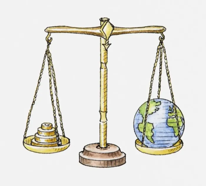 Framed Print : Illustration of set of scales with globe on one side and weights on the other Framed Print : Illustration of set of scales with globe on one side and weights on the other