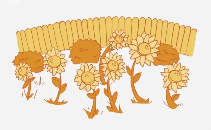 Framed Print : Illustration in shades of orange, Helianthus sp. seven sunflowers and three bushes, fence in background Framed Print : Illustration in shades of orange, Helianthus sp. seven sunflowers and three bushes, fence in background