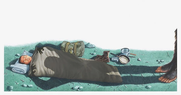 Illustration of shadow of Bigfoot (Sasquatch)looming over a sleeping Albert Ostman