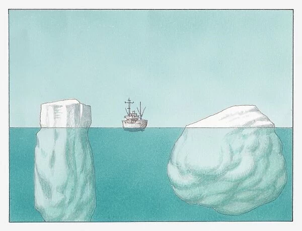 Illustration of a ship between two icebergs