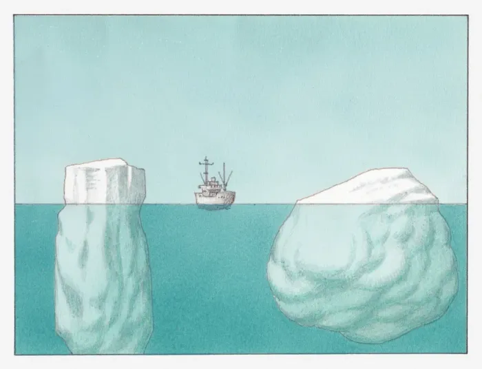 Framed Print : Illustration of a ship between two icebergs Framed Print : Illustration of a ship between two icebergs