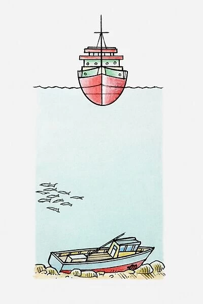 Illustration of ship travelling the ocean and a sunken ship on the ocean floor