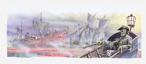 Illustration of ships graveyard in the Sargasso sea, wrecked ships and boat with skeleton sailor in the foreground
