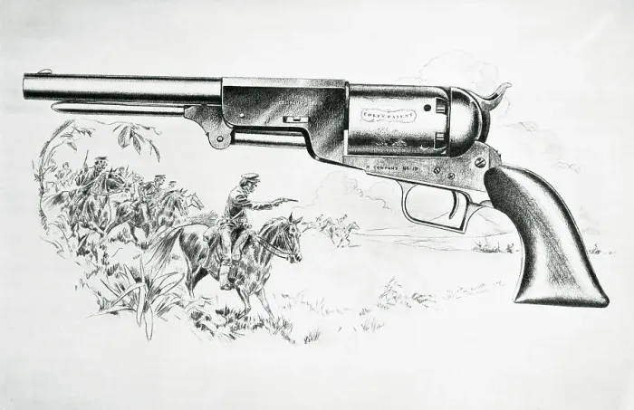 Framed Print : Illustration of Shooters and Colt Walker Model.44 Caliber Pistol Framed Print : Illustration of Shooters and Colt Walker Model.44 Caliber Pistol