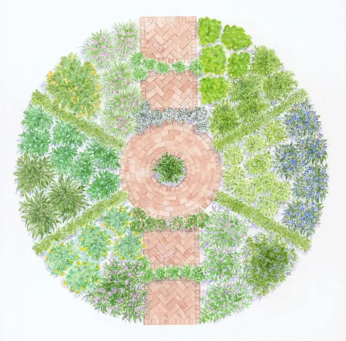 Framed Print : Illustration showing circular bed of culinary herbs Framed Print : Illustration showing circular bed of culinary herbs