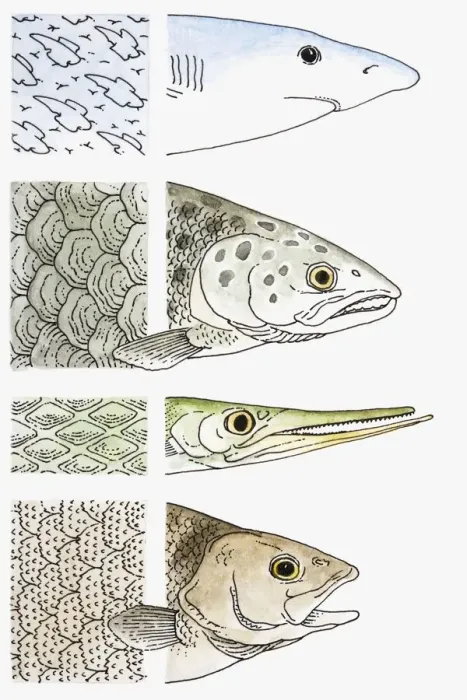 Framed Print : Illustration showing close-up of Shark, Salmon, Gar and Perch scales Framed Print : Illustration showing close-up of Shark, Salmon, Gar and Perch scales