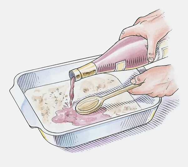 Illustration showing how to deglaze meat juices by pouring wine into roasting pan
