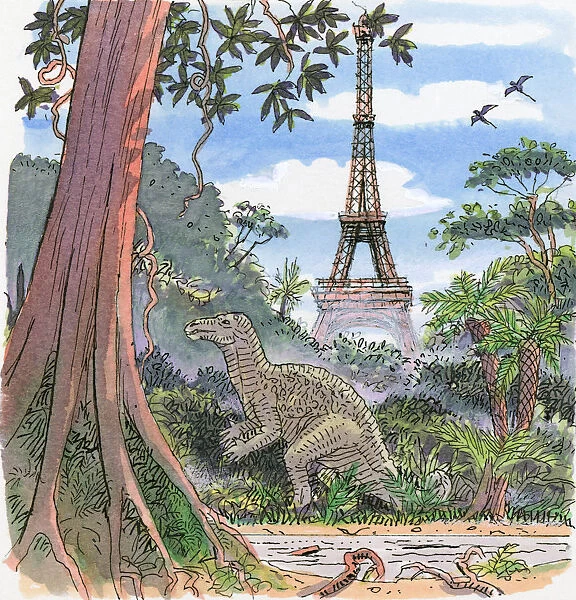 Illustration showing dinosaur in humid climate with Eiffel Tower in background