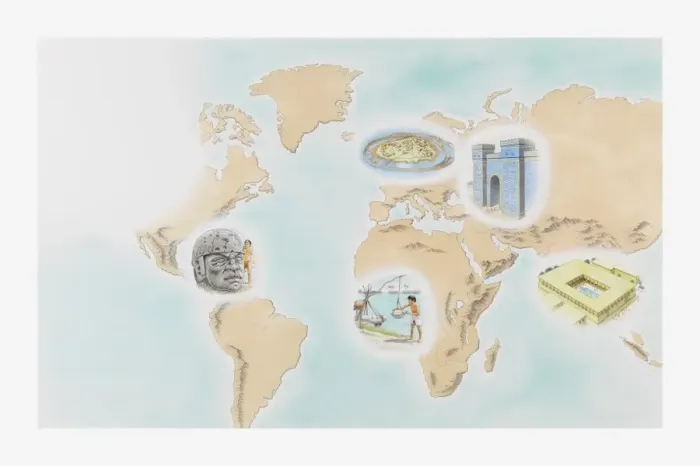Framed Print : Illustration showing the first cities around the world at Wasserburg Bachau, Babylon, Mohenjo-daro, Shadoof irrigation, and the Olmecs La Venta Framed Print : Illustration showing the first cities around the world at Wasserburg Bachau, Babylon, Mohenjo-daro, Shadoof irrigation, and the Olmecs La Venta
