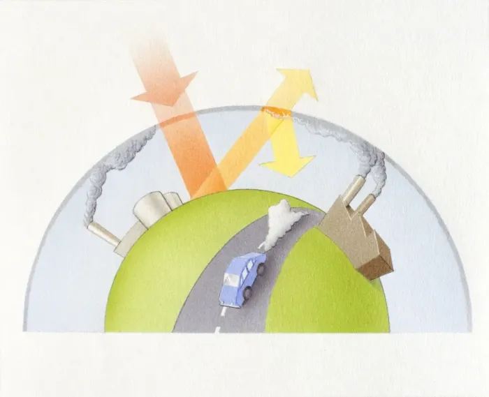 Framed Print : Illustration showing how industrial pollution and car fumes contribute to global warming Framed Print : Illustration showing how industrial pollution and car fumes contribute to global warming