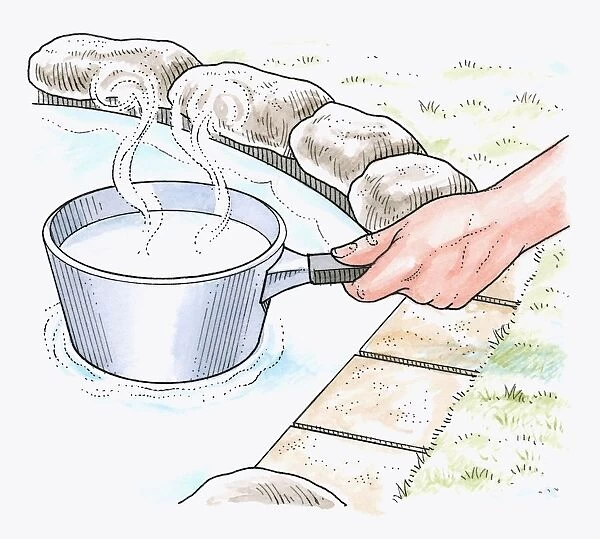 Illustration of showing how to melt ice covering pond using base of saucepan containing boiling wate