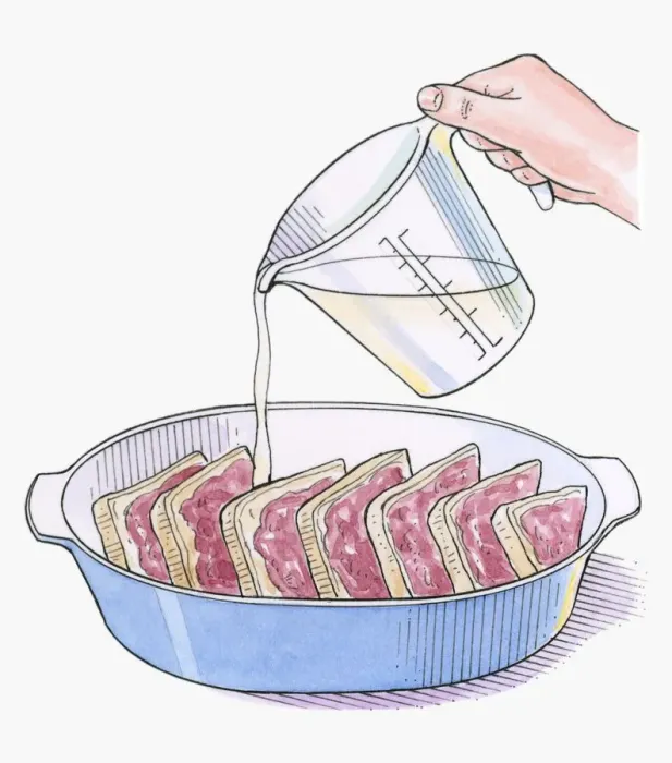 Framed Print : Illustration showing pouring egg and milk on stale bread spread with butter and raspberry jam Framed Print : Illustration showing pouring egg and milk on stale bread spread with butter and raspberry jam