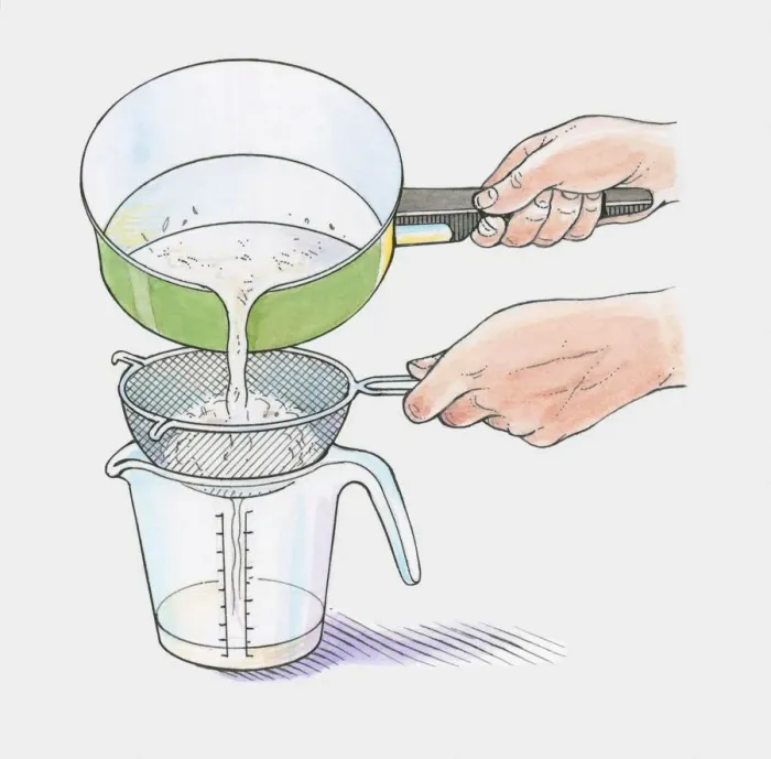 Framed Print : Illustration showing removing water through sieve from boiled white rice in saucepan Framed Print : Illustration showing removing water through sieve from boiled white rice in saucepan