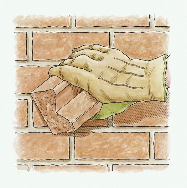 Illustration showing how to renovate discoloured wall by rubbing it with wet brick