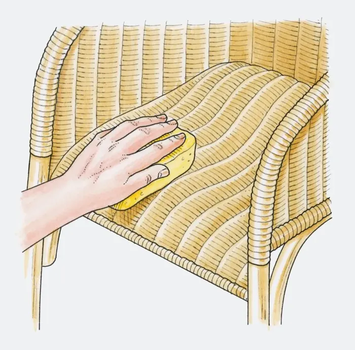 Framed Print : Illustration showing how restore sagging seat of wicker chair using soapy sponge