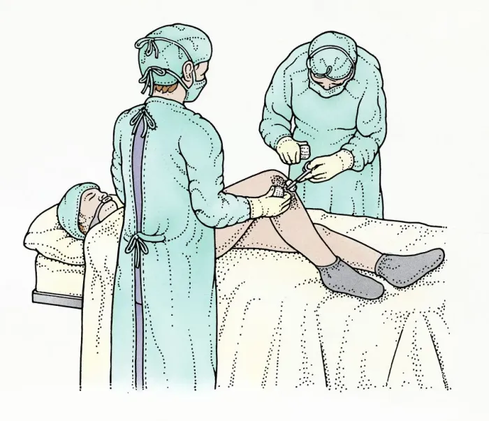 Framed Print : Illustration showing surgeon swabbing and removing object from knee of patient lying on operating table Framed Print : Illustration showing surgeon swabbing and removing object from knee of patient lying on operating table