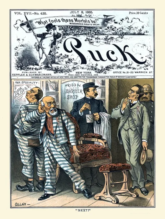 Framed Print : Next!. Illustration shows a view inside a 'Prison Barber-Shop' with two Framed Print : Next!. Illustration shows a view inside a 'Prison Barber-Shop' with two