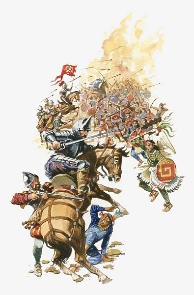Illustration of siege of Tenochtitlan by Cortes and his soldiers on horseback and carrying swords to attack Aztec warriors