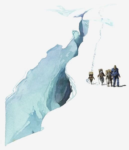 Illustration of Sir Edmund Hillary using Sherpas to carry supplies near crevasse