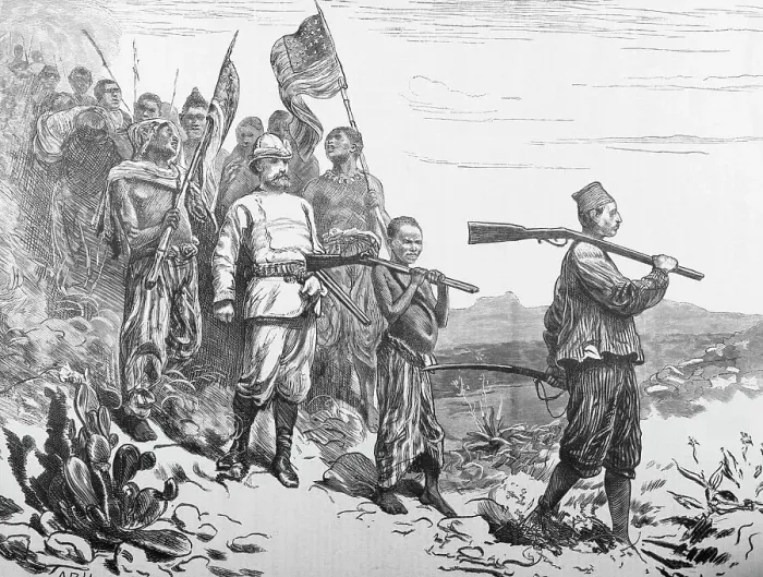 Framed Print : Illustration of Sir Henry Morton Stanley and His Party Crossing Terrain