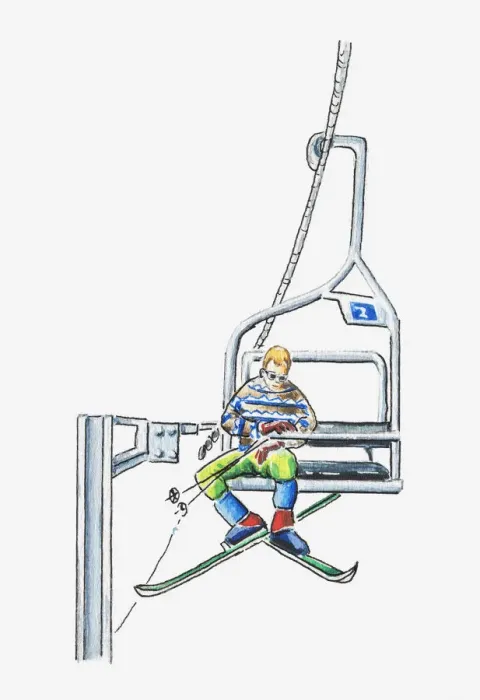 Framed Print : Illustration of skier in an open-air chair lift