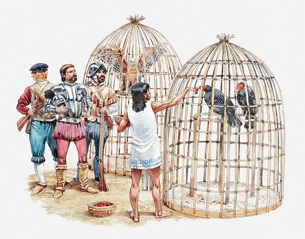 Illustration of slave feeding caged birds in Moctezrmas aviaries