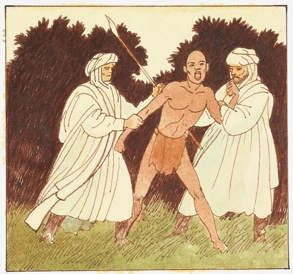 Illustration of slave traders forcing African villager to become slave