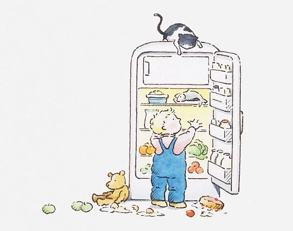 Illustration of a small boy picking up food from a refrigerator, some of it spilled on the floor