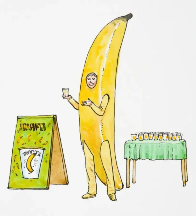 Framed Print : Illustration of smiling man wearing banana costume pointing at glass of juice held in hand, next to table of drinks and sandwich board Framed Print : Illustration of smiling man wearing banana costume pointing at glass of juice held in hand, next to table of drinks and sandwich board