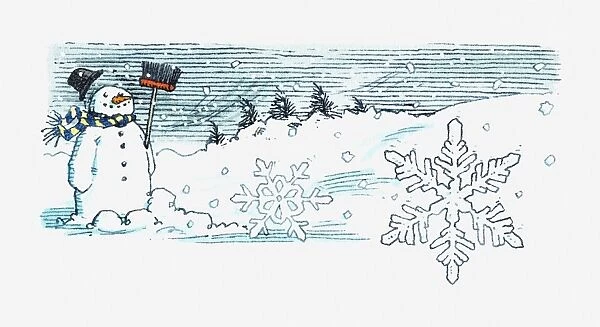 Illustration of smiling snowman holding broom during snowstorm