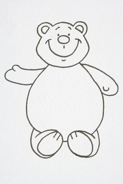 Illustration, smiling teddy bear, sitting and waving right arm, front view