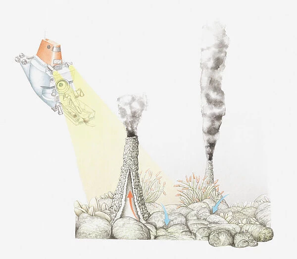 Illustration of smokers (sea vents, hydrothermal vents) on the ocean floor in volcanically active areas of mid-ocean ridges