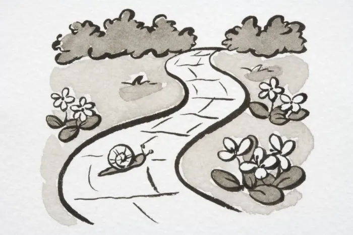 Framed Print : Illustration, Snail crossing winding garden path, side view Framed Print : Illustration, Snail crossing winding garden path, side view