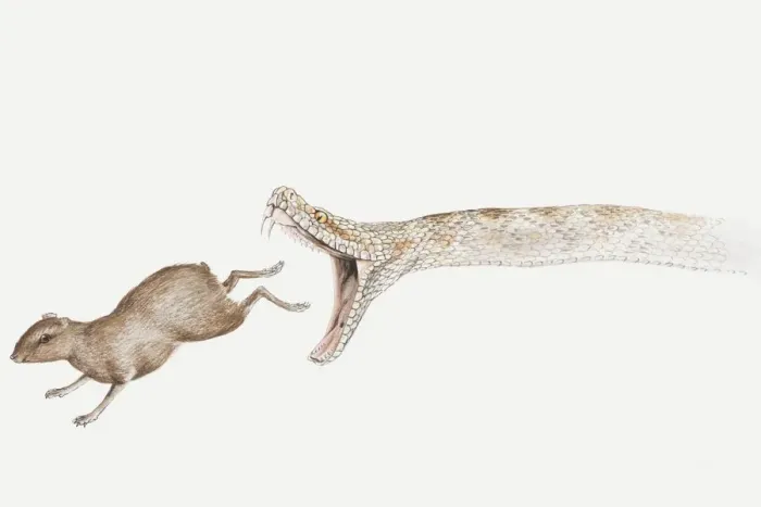 Framed Print : Illustration of a snake chasing a rodent, side view Framed Print : Illustration of a snake chasing a rodent, side view