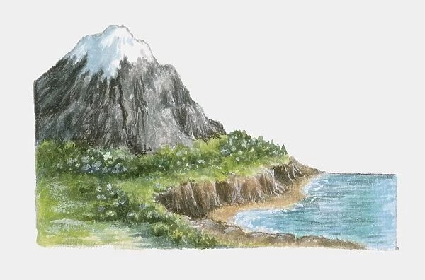 Illustration of snowcapped mountain, lush cliffs and coastline