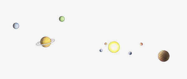 Illustration of the solar system including the first eight planets in their relative orbits around the sun