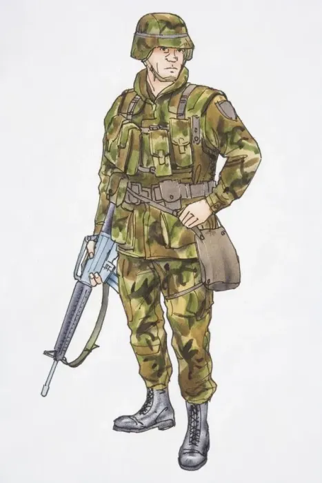 Framed Print : Illustration, soldier in camouflage gear holding machine gun Framed Print : Illustration, soldier in camouflage gear holding machine gun