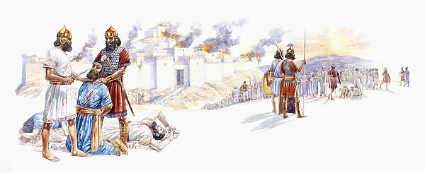 Illustration of soldier holding Zedekiah as Nebuchadnezzar blinds him using knife as his sons lie dead, and Jerusalem is destroyed by fire