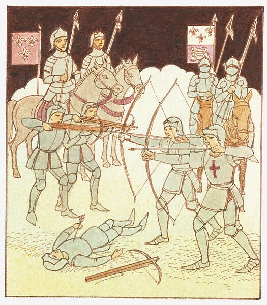 Illustration of soldiers on horseback with pollaxes, archers with longbows and cross bows and dead soldier on ground during the Hundred Years War