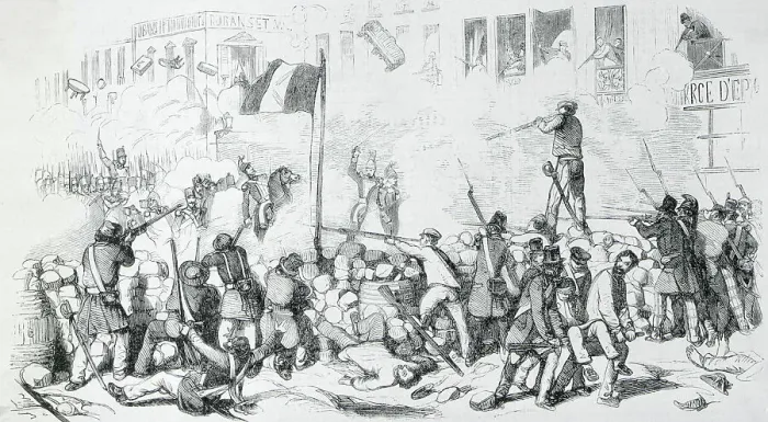 Framed Print : Illustration of Soldiers and Rebels Fighting in Street