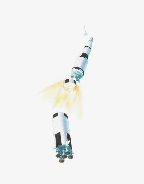 Illustration of US space rocket Saturn 5, second stage, mid-air