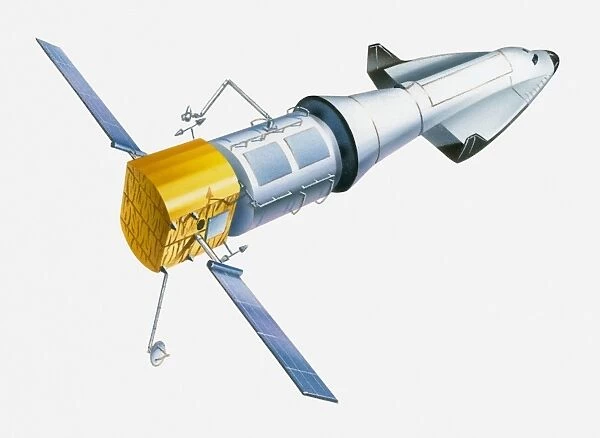 Illustration of a space shuttle with a piece of a space station in tow