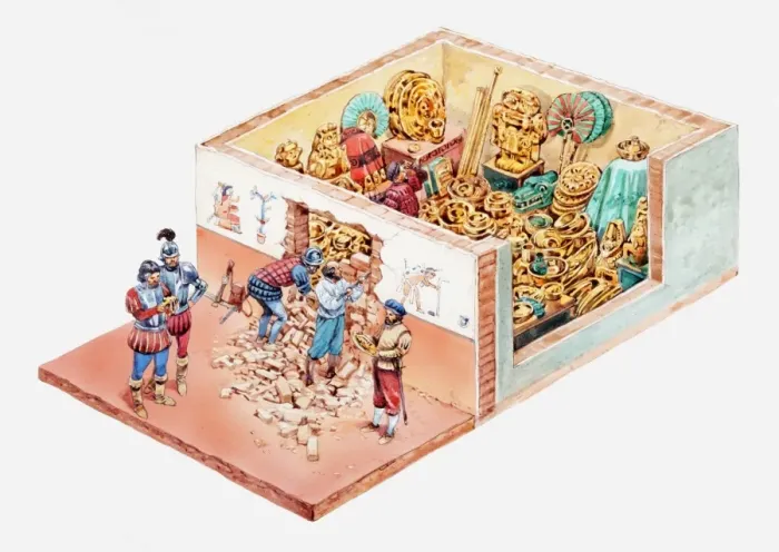 Framed Print : Illustration of Spanish conquistadors looting Aztec treasure hidden inside house Framed Print : Illustration of Spanish conquistadors looting Aztec treasure hidden inside house