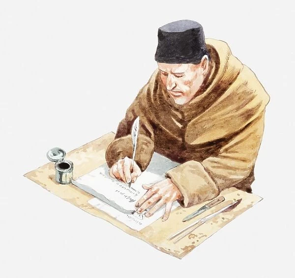 Illustration of Spanish monk sat at desk writing with quill on paper