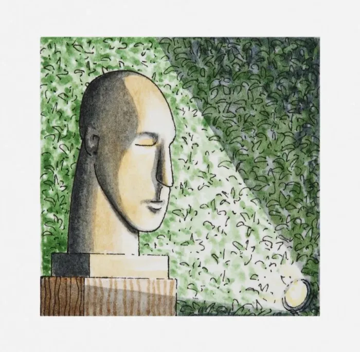 Framed Print : Illustration of spotlight on sculpture next to hedge Framed Print : Illustration of spotlight on sculpture next to hedge