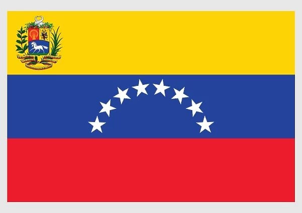 Illustration of state, war and naval flag of Venezuela, a horizontal tricolor of yellow, blue, and red, eigtt five-pointed stars, and coat of arms on field