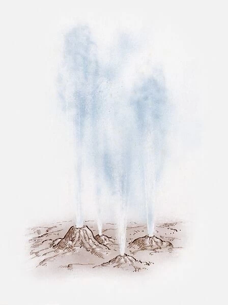 Illustration of steam forced upwards from geysers