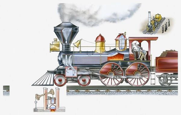 Illustration of steam train and smaller images of Rocket steam locomotive and mechanism of Thomas Newcomens engine