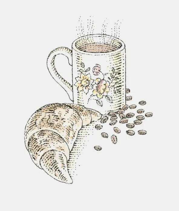 Framed Print : Illustration of steaming mug of coffee, croissant, and coffee beans Framed Print : Illustration of steaming mug of coffee, croissant, and coffee beans