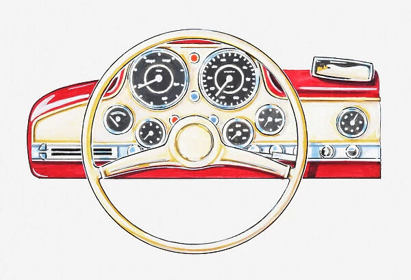 Illustration of steering wheel and dashboard